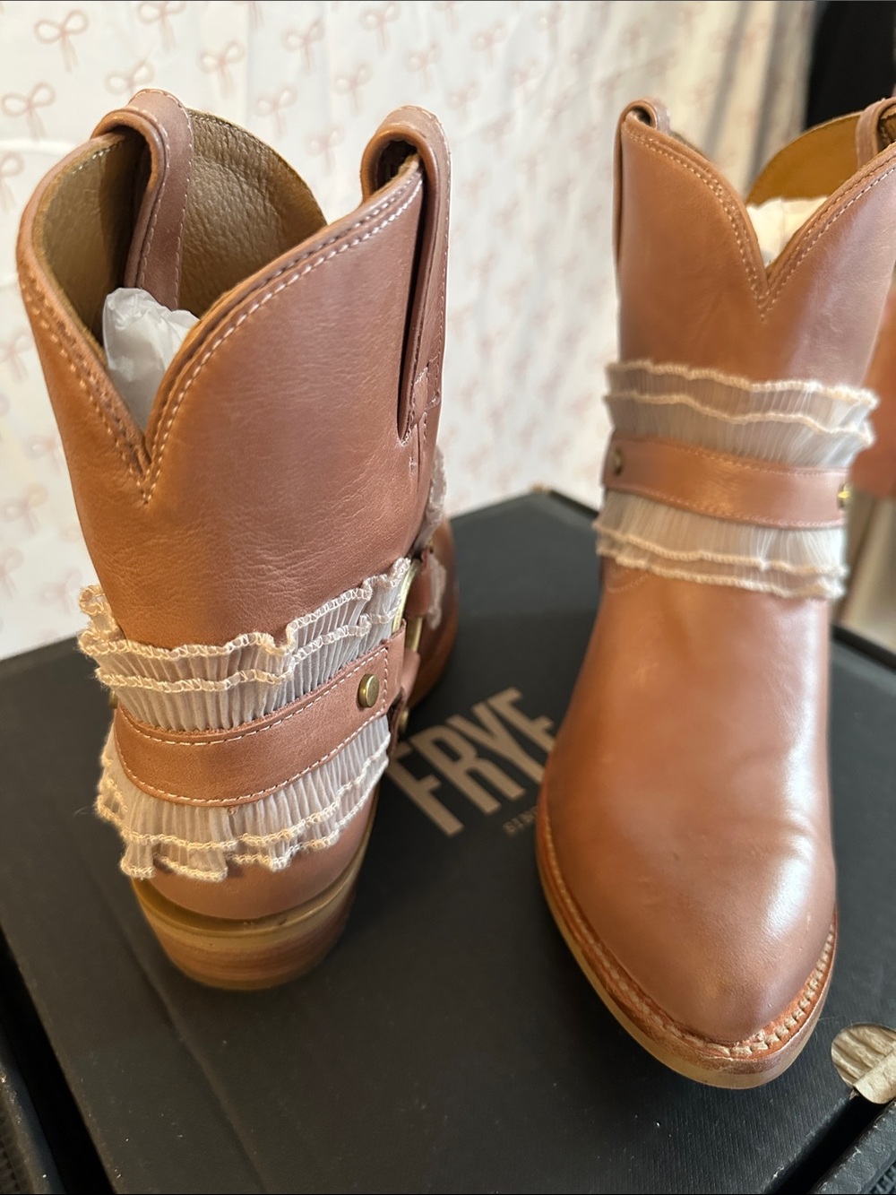 Frye Tan Leather Ankle Boots with Cream Ruffle Straps